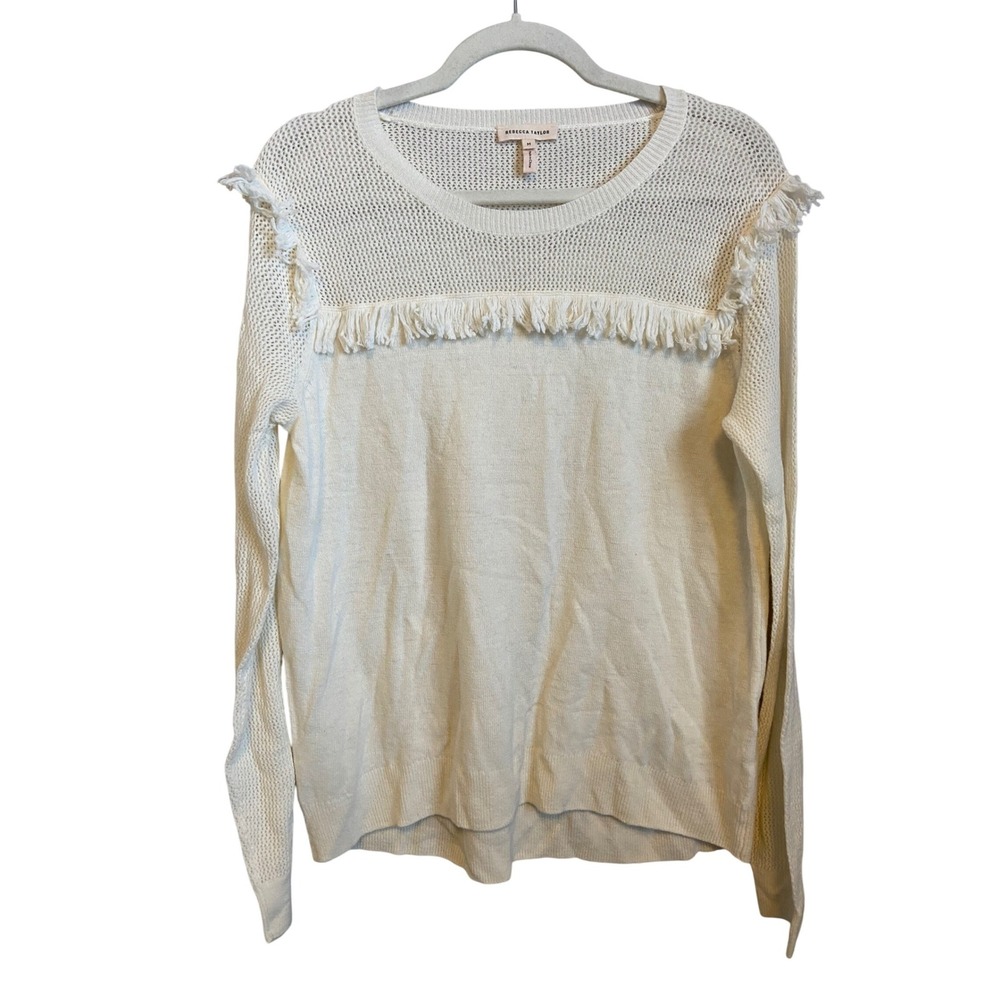 Rebecca Taylor Cream Knit Fringe Sweater Long Sleeve Round Neck Size Medium